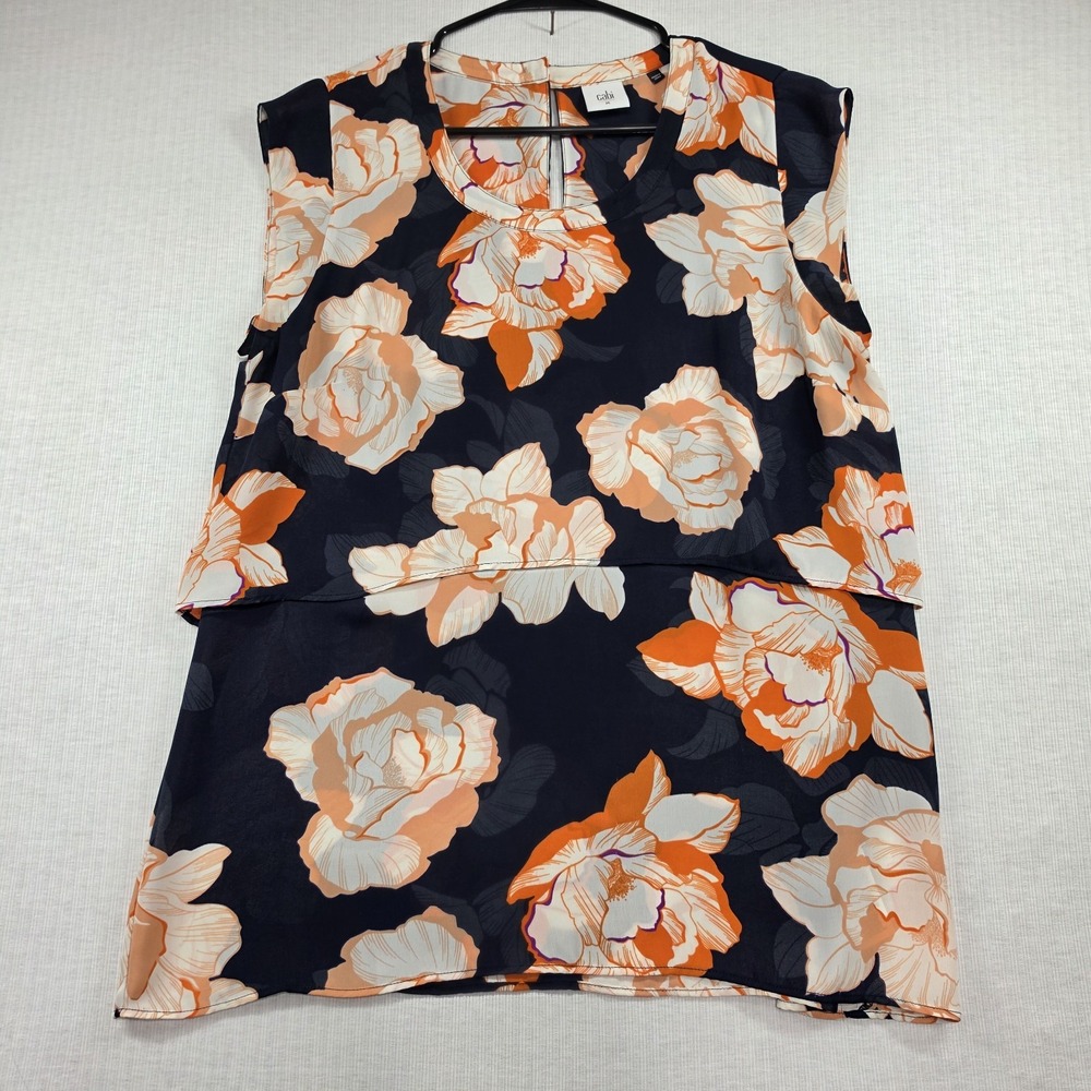 Cabi Navy Orange Floral Layered Chiffon Sleeveless Blouse M Boho Cottagecore